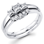14K White Gold 3 Stone Princess Diamond Wedding Ring Set