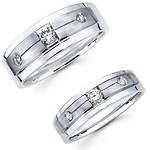 14K White Gold Diamond Three Stone Couples Wedding Band