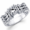 18KW Gold Diamond Engagement Ring with Baguette, Round Setting