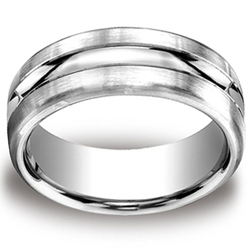 Rugged 10mm Satin Center Cut Comfort-Fit Argentium Silver Mens Ring