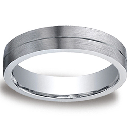 5mm Flat Carved Line Center Comfort-Fit Argentium Silver Wedding Band